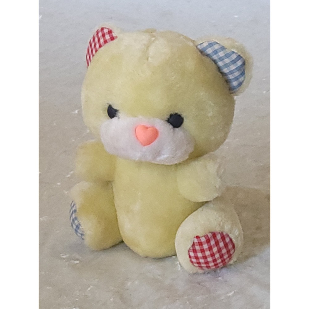 Vtg Dan Dee Yellow Teddy Bear Wind Up Musical Red/blue Gingham Heart Nose Plush